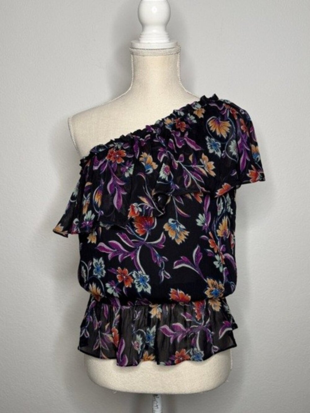 Ramy Brook Viscose Floral One Shoulder Ruffle Peplum Top Multicolor XS